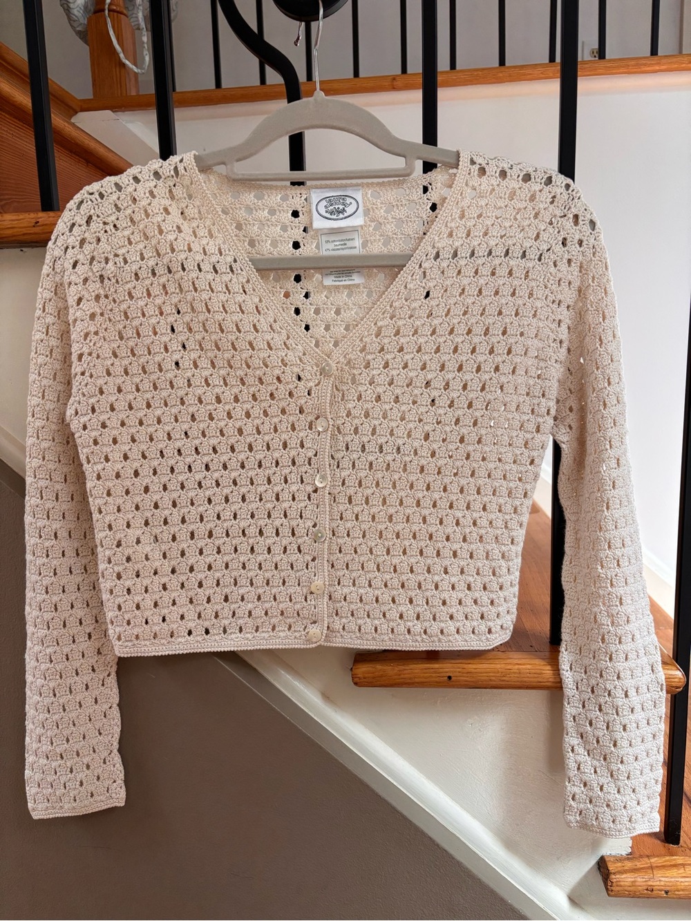 Laura Ashley Cream Crochet V-Neck Button Front Cardigan